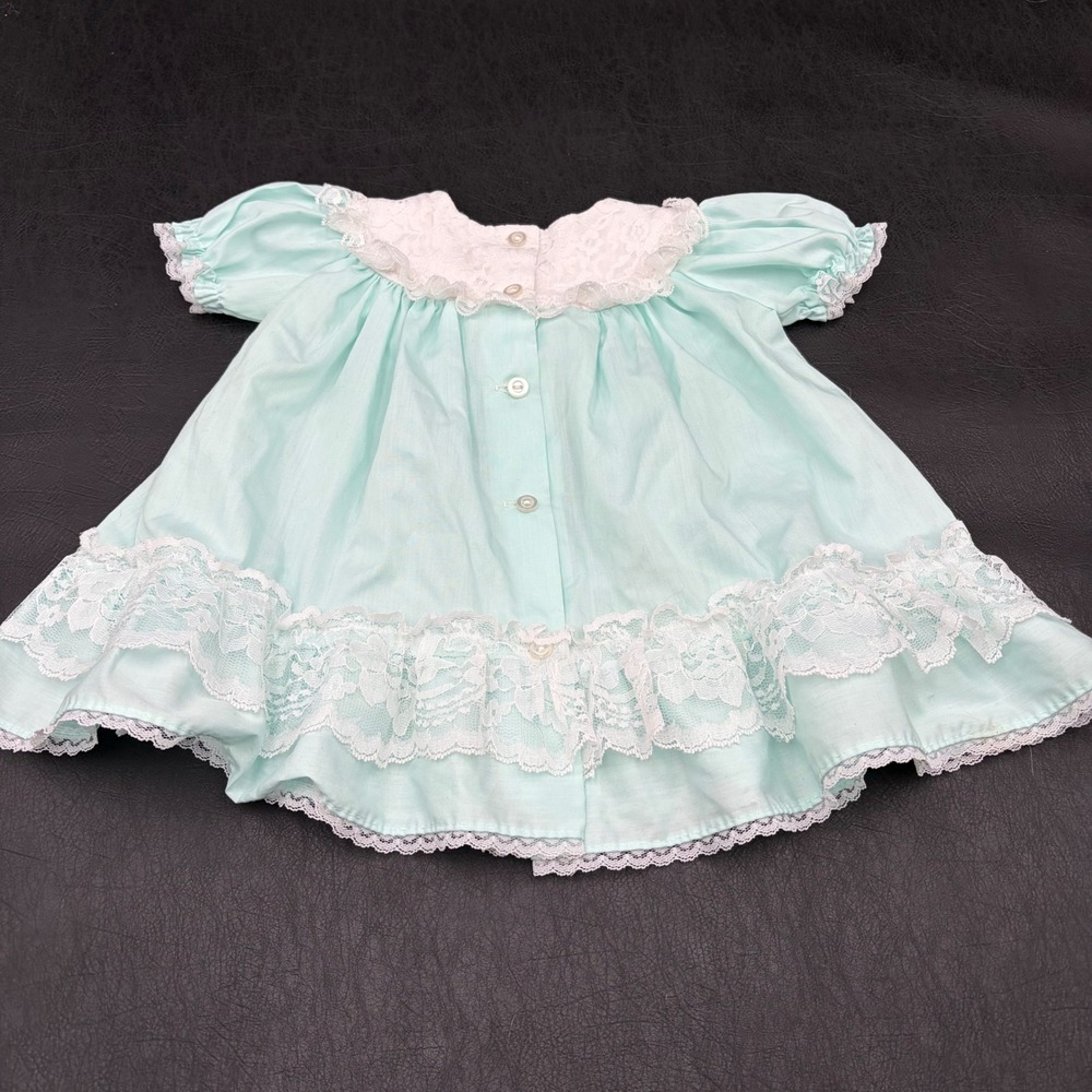 Vintage Alexis Baby Girl Dress blue Lace Trim Puff Sleeve 9 Months USA Made